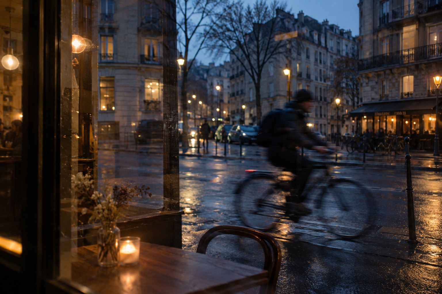 A passing cyclist on a city street at blue hour